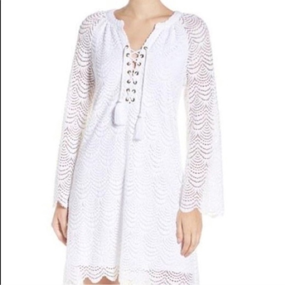 LILLY Pulitzer Sea Isle White Scallop Lace Bell Sleeve Shift Dress - Picture 16 of 16